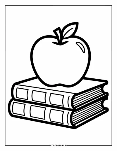 Coloriage d’école pour enfants : Une pomme joyeuse est posée sur deux livres ouverts avec un charme ludique