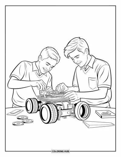 Coloriage d’école pour enfants : Une scène de cours de chimie avec des fioles bouillonnantes et un tableau d’équations tourbillonnantes