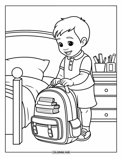 Coloriage d’école pour enfants : Un enfant remplit son sac à dos de livres et de déjeuner, prêt pour l’école