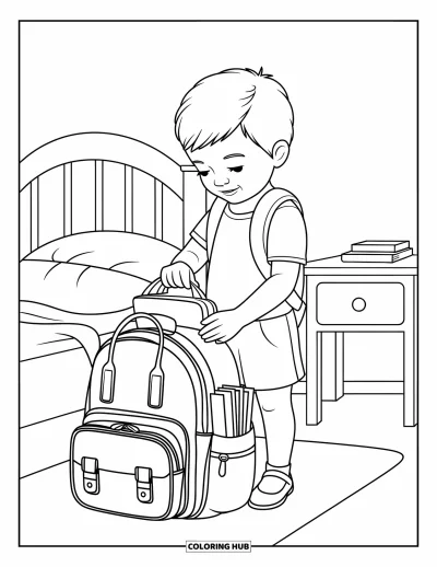 Coloriage d’école pour enfants : Un enfant près de son lit prépare son sac à dos pour une journée d’école excitante