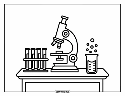 Coloriage d’école pour enfants : Un laboratoire scolaire de sciences douillet avec un microscope, des éprouvettes et un bécher qui bouillonne