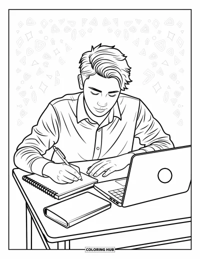 Coloriage d’école pour enfants : Un élève concentré écrit dans un cahier avec un ordinateur portable et des accessoires à proximité