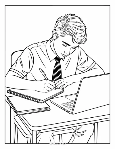 Coloriage d’école pour enfants : Un élève appliqué écrit dans un cahier avec un ordinateur portable ouvert sur le bureau