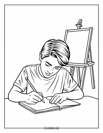 Coloriage d’école pour enfants : Un ado concentré dessine dans un cahier à côté d’un chevalet