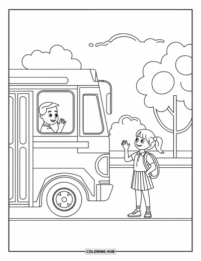 Coloriage d’école pour enfants : Un chauffeur de bus amical fait signe à une écolière qui attend à l’arrêt