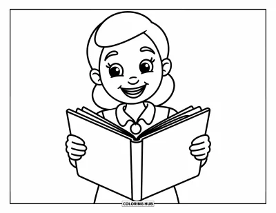 Coloriage d’école pour enfants : Un enseignant bienveillant sourit en tenant un livre d’histoires ouvert, prêt à lire à voix haute