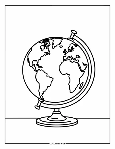 Coloriage d’école pour enfants : Un globe sur un petit support est placé devant un tableau noir vide