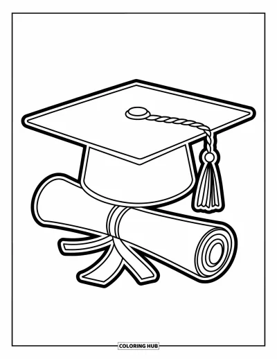 Coloriage d’école pour enfants : Une toque de remise des diplômes trône fièrement sur un diplôme roulé