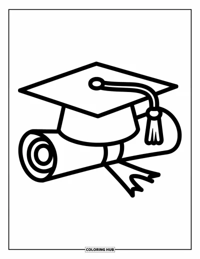 Coloriage d’école pour enfants : Une toque de diplômé avec pompon repose sur un diplôme roulé