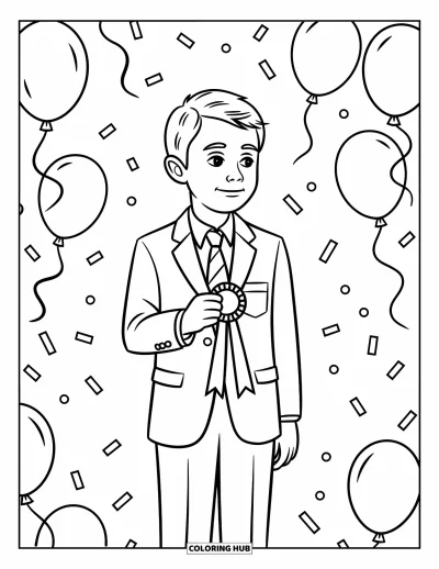 Coloriage d’école pour enfants : Un garçon joyeux tient fièrement un ruban, avec des confettis et des ballons en arrière-plan
