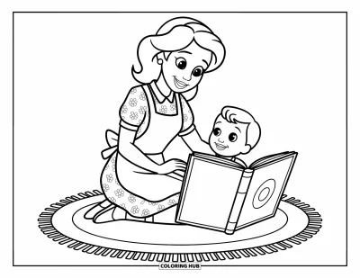Coloriage d’école pour enfants : Un enseignant gentil lit un livre d’histoires à un enfant enthousiaste sur un tapis douillet
