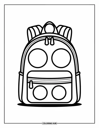 Coloriage d’école pour enfants : Un grand sac à dos avec des fermetures éclair et une poche avant est prêt pour l’aventure