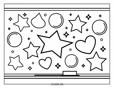 Coloriage d’école pour enfants : Un grand tableau noir présente des formes amusantes à apprécier et imaginer