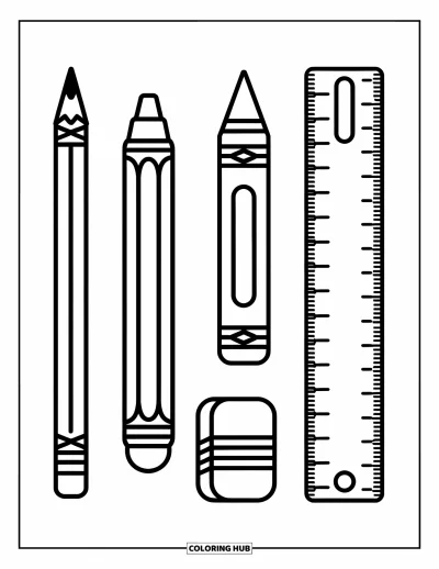 Coloriage d’école pour enfants : Un grand crayon, un crayon de couleur, une règle et une gomme sont rangés avec soin