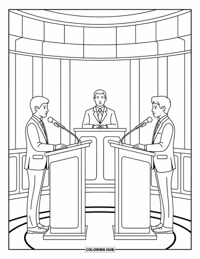 Coloriage d’école pour enfants : Une scène de débat animée avec deux élèves au pupitre et un juge qui observe