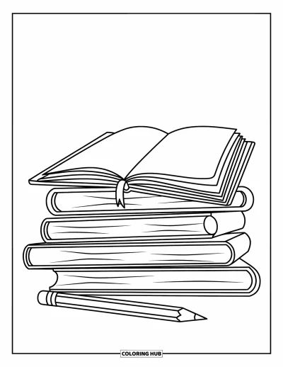 Coloriage d’école pour enfants : Une pile soignée de livres avec un cahier et un crayon est posée sur un bureau de classe