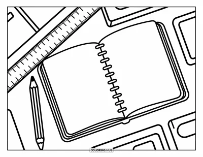 Coloriage d’école pour enfants : Un cahier, une règle et un crayon sont rangés sur une table avec des motifs joyeux à côté