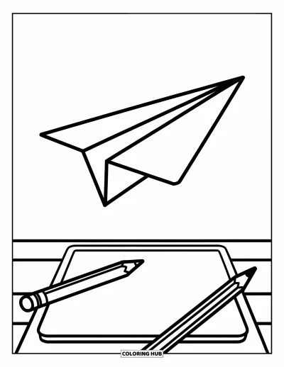 Coloriage d’école pour enfants : Un avion en papier vole au-dessus d’un bureau avec un crayon en dessous