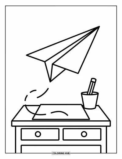 Coloriage d’école pour enfants : Un avion en papier vole au-dessus d’un bureau avec un crayon, créant une scène ludique