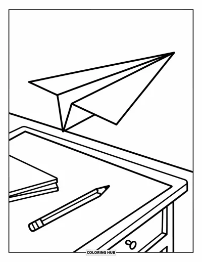 Coloriage d’école pour enfants : Un avion en papier vole au-dessus d’un bureau avec un seul crayon