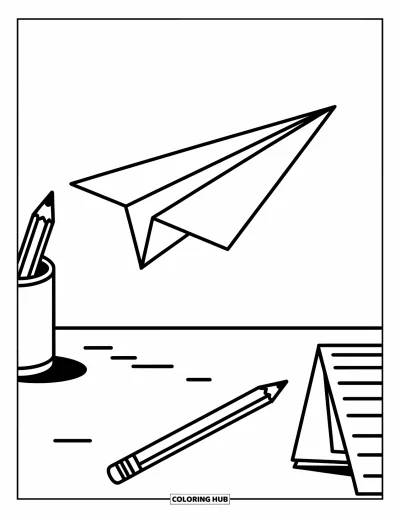 Coloriage d’école pour enfants : Un avion en papier glisse au-dessus d’un bureau propre avec un crayon