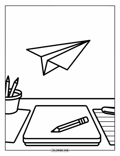 Coloriage d’école pour enfants : Un avion en papier s’élance au-dessus d’un bureau avec un crayon à proximité