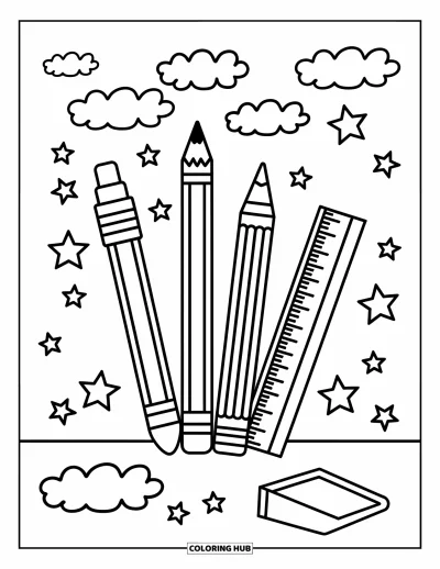 Coloriage d’école pour enfants : Un crayon, un crayon de couleur, une règle et une gomme sont entourés de nuages et d’étoiles ludiques