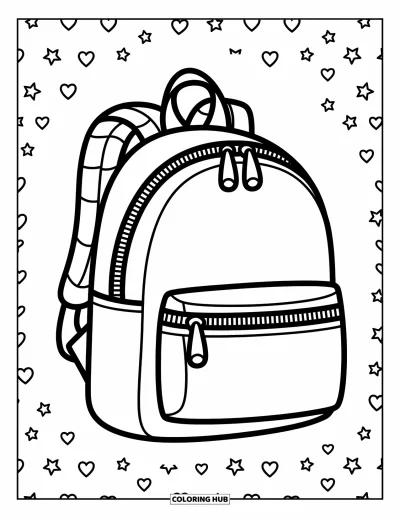Coloriage d’école pour enfants : Un sac à dos amusant avec des fermetures éclair se démarque, avec de petites étoiles et des cœurs à côté