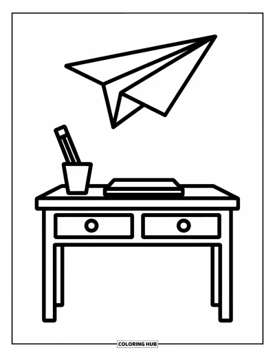 Coloriage d’école pour enfants : Un avion en papier espiègle plane au-dessus d’un bureau avec un crayon à proximité