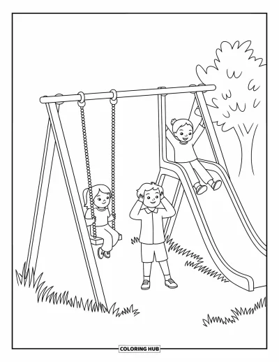 Coloriage d’école pour enfants : Une aire de jeux avec balançoire et toboggan où un garçon et une fille jouent ensemble