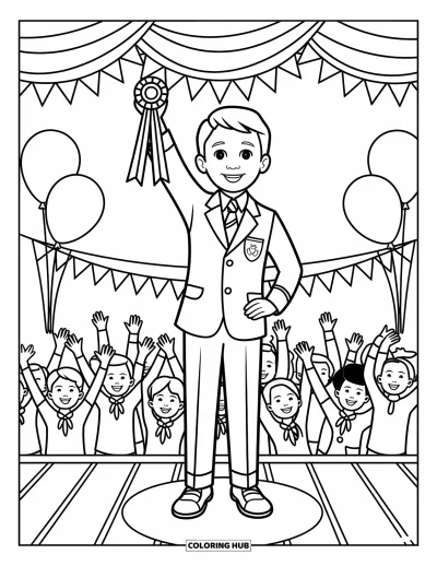 Coloriage d’école pour enfants : Un garçon fier tient un ruban de réussite sur scène, avec des ballons et des amis qui l’encouragent
