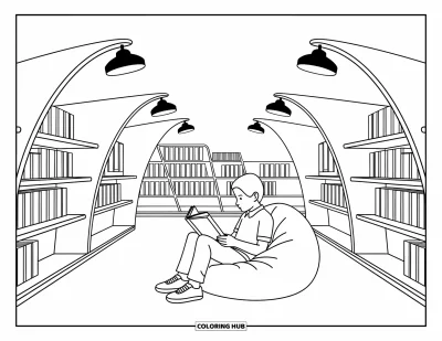 Coloriage d’école pour enfants : Une scène de bibliothèque calme avec un élève qui lit sur un pouf confortable