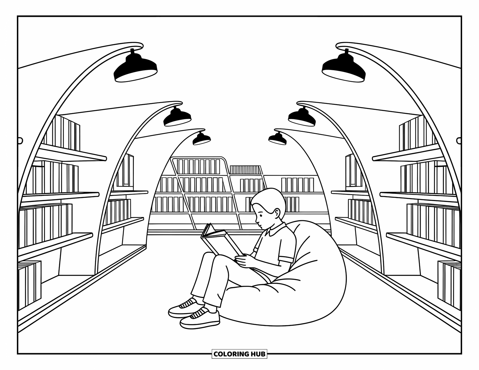 Kolorowanka szkolna dla dzieci: Cicha scena biblioteczna z uczniem czytającym na wygodnej pufie