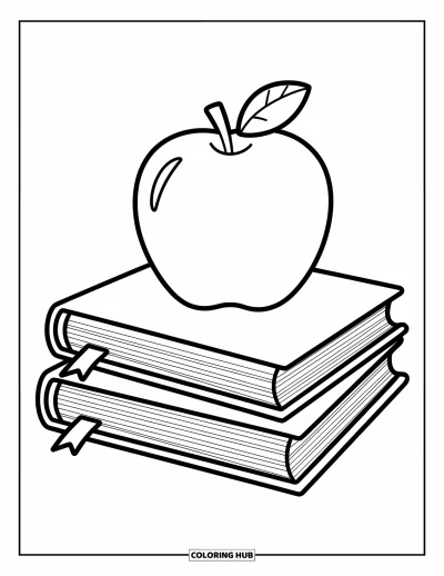 Coloriage d’école pour enfants : Une pomme ronde repose sur des livres ouverts, prête pour un moment créatif