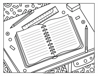 Coloriage d’école pour enfants : Une règle, un crayon et un cahier sont posés sur une table avec des gribouillis ludiques autour