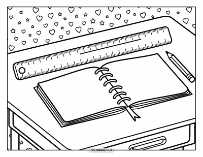 Coloriage d’école pour enfants : Une règle, un crayon et un cahier ouvert reposent sur un bureau avec des cœurs et des étoiles fantaisistes