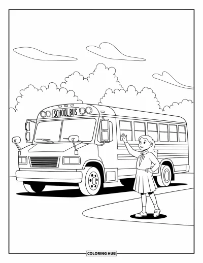 Coloriage d’école pour enfants : Un bus scolaire s’arrête pendant qu’une fille salue joyeusement le conducteur sympathique