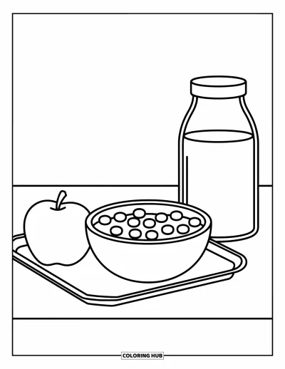 Coloriage d’école pour enfants : Un plateau-repas de cantine avec des céréales, une pomme et une brique de lait