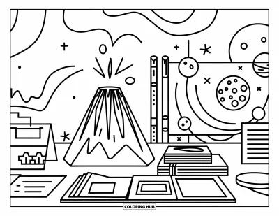 Coloriage d’école pour enfants : Une table de foire scientifique avec un volcan, des planètes et des notes bien organisées