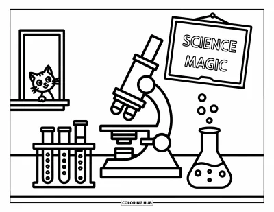 Coloriage d’école pour enfants : Un laboratoire scolaire de sciences avec microscope, bécher bouillonnant et tableau noir amusant