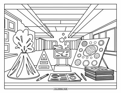Coloriage d’école pour enfants : Une table de foire scientifique présente un volcan, un projet de système solaire et des notes