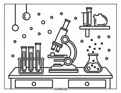 Coloriage d’école pour enfants : Une scène de laboratoire avec un microscope, des éprouvettes et des bulles flottantes