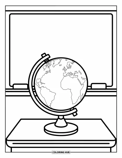 Coloriage d’école pour enfants : Un globe de classe simple est posé sur un support, avec un tableau derrière