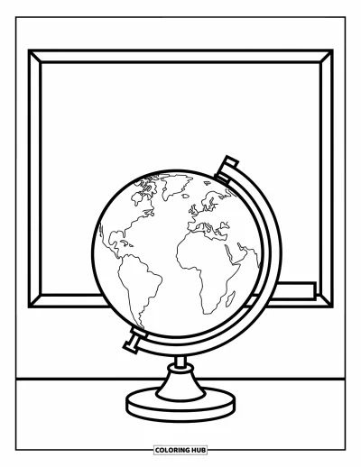 Coloriage d’école pour enfants : Un globe unique est posé sur un support avec un tableau noir en arrière-plan