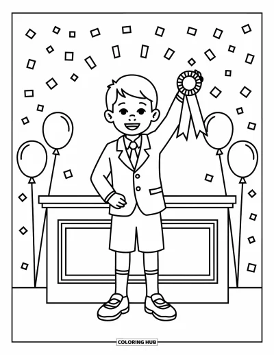 Coloriage d’école pour enfants : Un garçon souriant brandit un ruban lors d’une cérémonie de récompense scolaire, avec des ballons autour