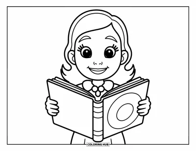 Coloriage d’école pour enfants : Un enseignant souriant tient un livre d’histoires ouvert avec joie et bienveillance