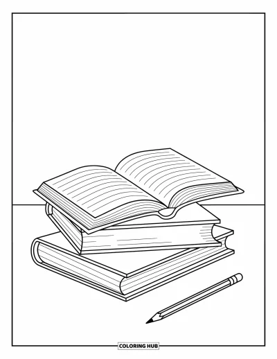 Coloriage d’école pour enfants : Une pile de livres est posée sur un bureau, avec un cahier ouvert et un crayon au-dessus