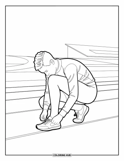 Coloriage d’école pour enfants : Un élève sportif attache ses lacets sur une piste d’athlétisme, concentré et prêt