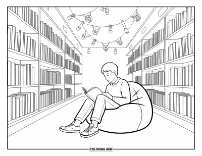 Coloriage d’école pour enfants : Un élève se détend avec un livre dans une bibliothèque scolaire chaleureuse et accueillante