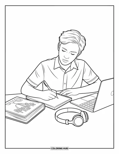 Coloriage d’école pour enfants : Un élève est assis à son bureau en train d’écrire, avec un ordinateur portable et des livres à portée de main